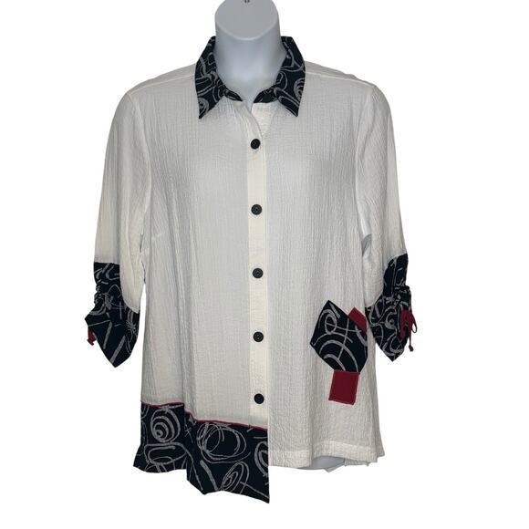Ali Miles Tops - Ali Miles Tunic Top Womens XL Patches Rayon 3/4 Sleeve Art To Wear Artsy NEW